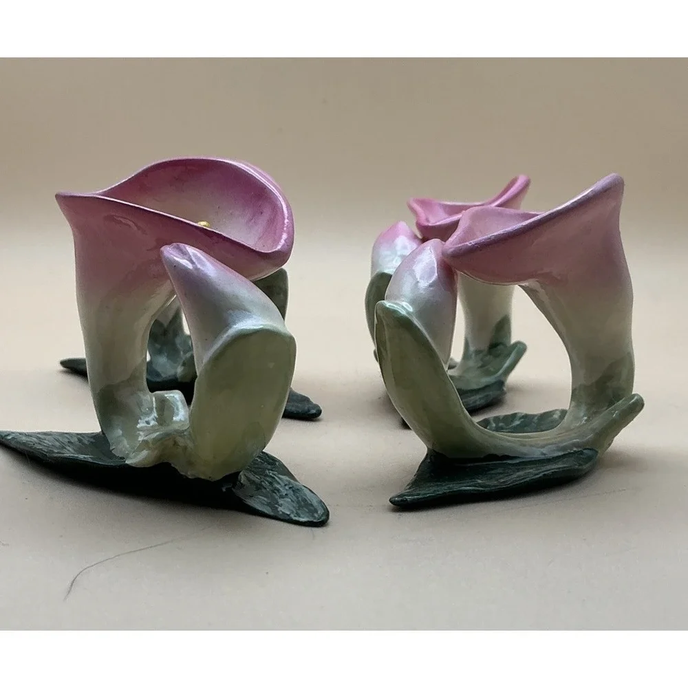 Vintage PIA RPA 1986 Bone China Napkin Rings Pink Calla Lily Hand Painted Set 4